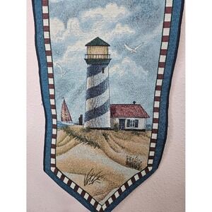 Nautical Lighthouse Woven Tapestry Table Runner Coastal Beach Decor with Tassel